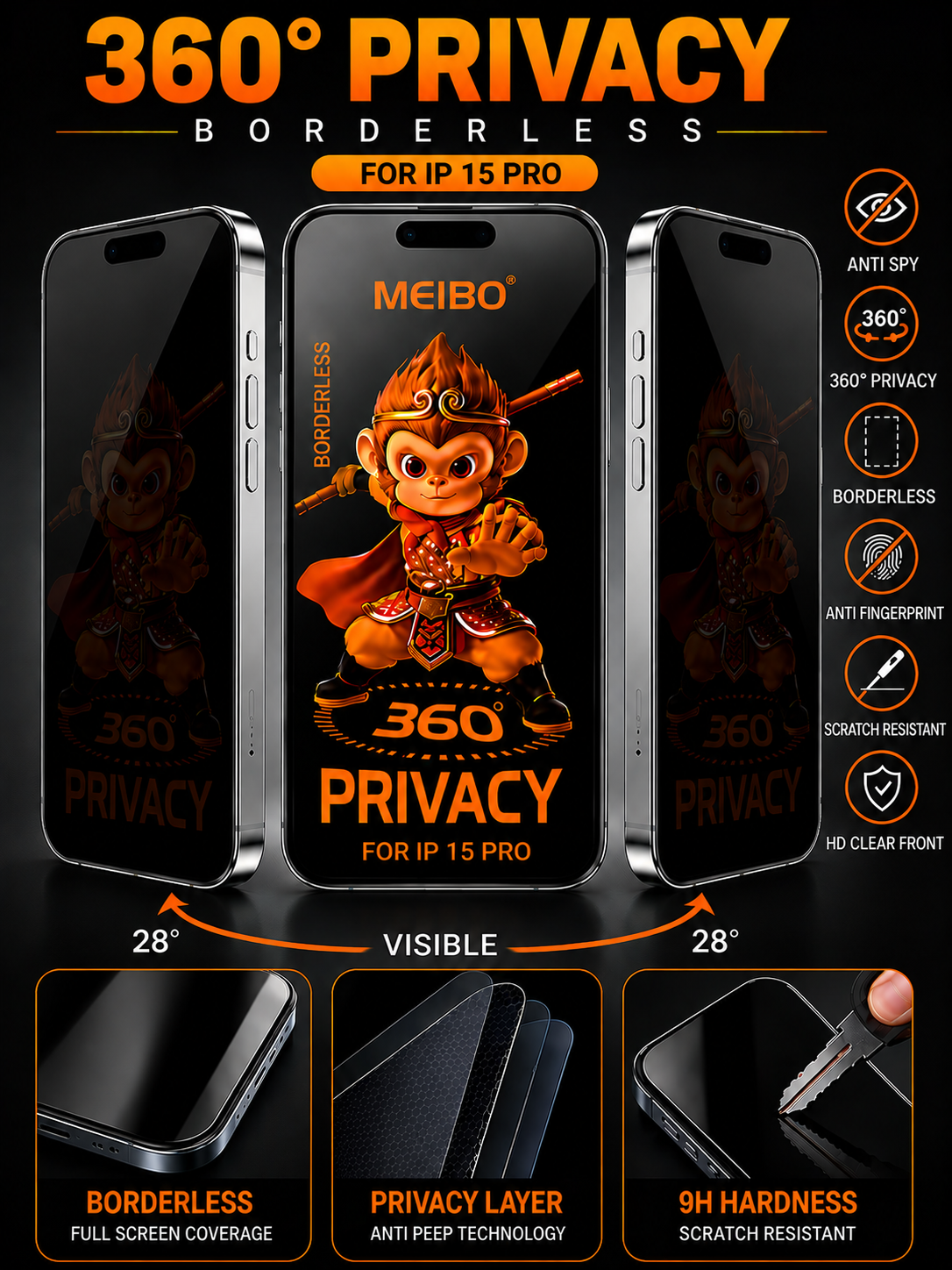 iPhone 15 Pro 360° Privacy Borderless Glass – Anti Spy 9H Tempered Glass - Image 2